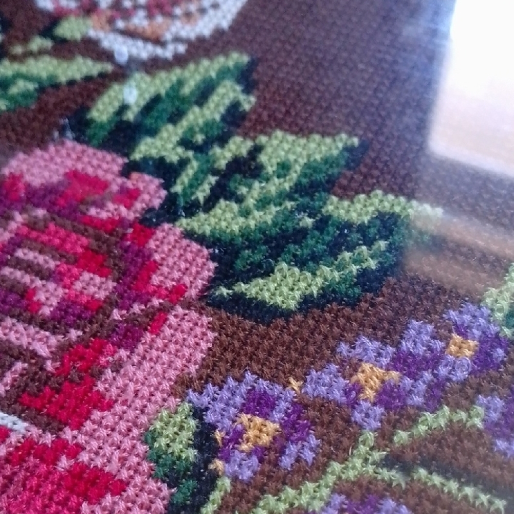 Vintage Needlepoint Art with Red, Pink, Yellow, Green Blooms - Picture 7 of 8